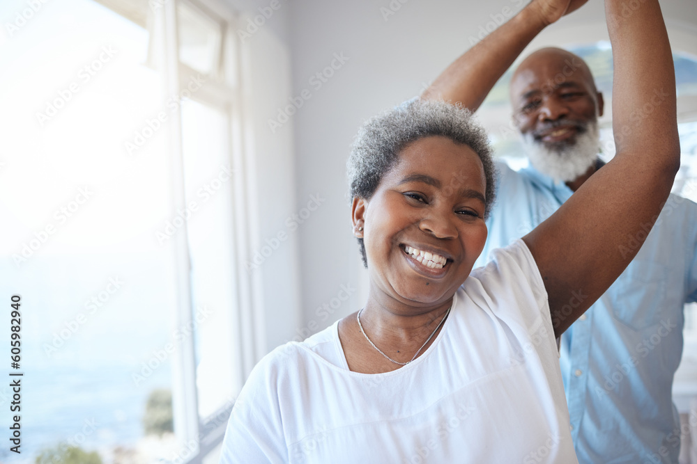 Canvas Prints Black senior couple, dancing and together in a happy home with love, care and commitment. Portrait of a african woman and man to celebrate marriage, retirement lifestyle and happiness with a dance