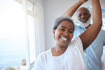 Black senior couple, dancing and together in a happy home with love, care and commitment. Portrait of a african woman and man to celebrate marriage, retirement lifestyle and happiness with a dance
