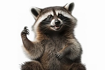 Portrait of a funny raccoon showing a rock gesture isolated on white background. JPG, hyperrealism, photorealism, photorealistic - obrazy, fototapety, plakaty
