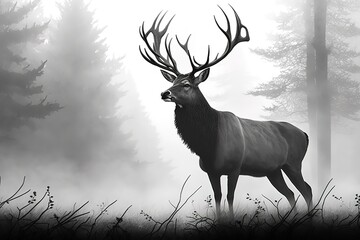 Red deer stag silhouette in the mist, hyperrealism, photorealism, photorealistic