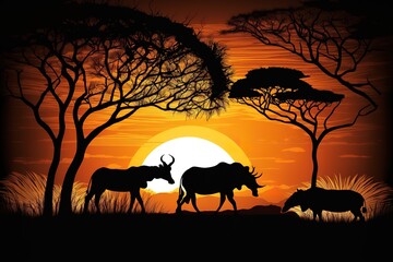 Naklejka na ściany i meble Savanna animals on a background of a sunset sun. Silhouettes of wild animals of the African savannah. African landscape with animals and trees at sunset, hyperrealism, photorealism, photorealistic