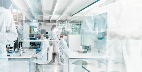 Scientist, double exposure and lab worker with medical research, working and chemistry analysis. Staff, science and laboratory for medicine pathology and innovation in a hospital and health clinic