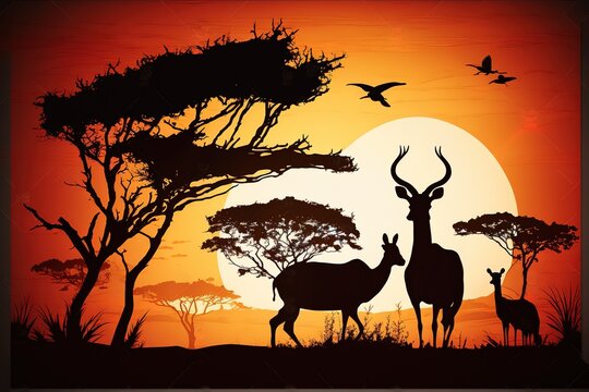 Savanna animals on a background of a sunset sun. Silhouettes of wild animals of the African savannah. African landscape with animals and trees at sunset, hyperrealism, photorealism, photorealistic