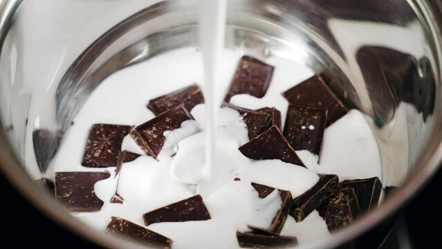 Slow-motion footage of chocolate bars and cream in a pot for melting