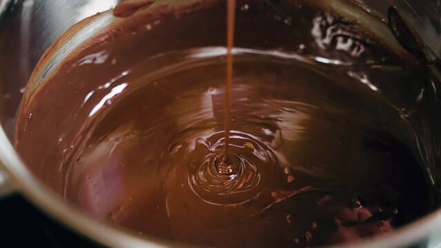 Slow-motion footage of melted chocolate in a pot