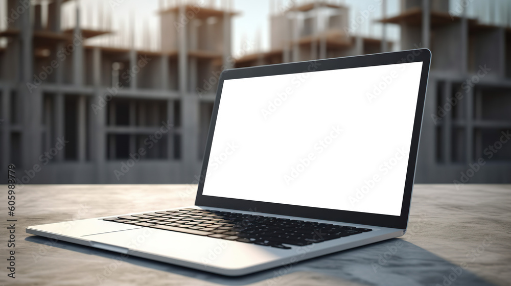 Wall mural laptop computer mock-up with cut out screen on background of of buildings under construction. copy s