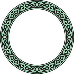 Vector green and black Kazakh national round pattern, frame. Ethnic ornament of the nomadic peoples of Asia, the Great Steppe, Kazakhs, Kirghiz, Kalmyks, Mongols, Buryats, Turkmens