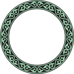 Vector green and black Kazakh national round pattern, frame. Ethnic ornament of the nomadic peoples of Asia, the Great Steppe, Kazakhs, Kirghiz, Kalmyks, Mongols, Buryats, Turkmens