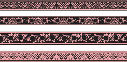 Vector set of pink and black Native American ornamental seamless borders. Framework of the peoples of America, Aztecs, Maya, Incas..