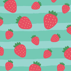 Pattern Cute Strawberry Fruit With Green Stripes Background