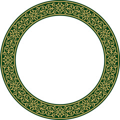 Vector gold and green Kazakh national round pattern, frame. Ethnic ornament of the nomadic peoples of Asia, the Great Steppe, Kazakhs, Kirghiz, Kalmyks, Mongols, Buryats, Turkmens