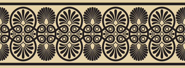 Vector golden and black seamless ornament of ancient Greece. Classic Endless pattern frame border Roman Empire..