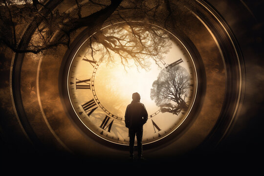 Abstract concept of time passing by. Human silhouette and old clock representing past time. Turn back time concept. Melancholic mood. Generative AI
