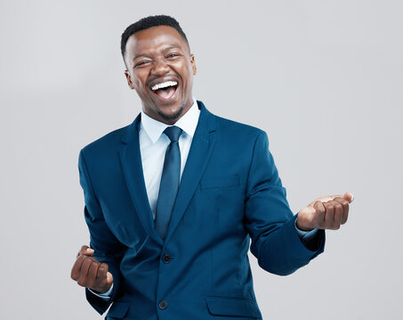 Happy, Portrait And A Black Man With Corporate Success Isolated On A White Background In A Studio. Win, Excited And An African Businessman Cheering In Celebration For Professional Achievement