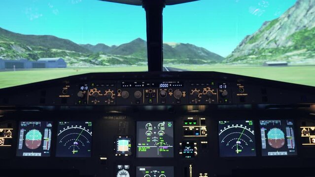 Crew pilot driving inside a plane for a flight simulator on an airport runway