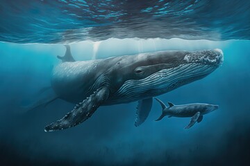 Humpback whale( Megaptera novaeangliae) and calf in the waters of Tonga, hyperrealism, photorealism, photorealistic