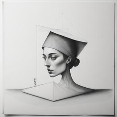 Pencil drawing of woman symbolism vs geometric vs surrealism