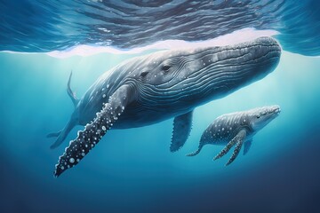 Humpback whale( Megaptera novaeangliae) and calf in the waters of Tonga, hyperrealism, photorealism, photorealistic