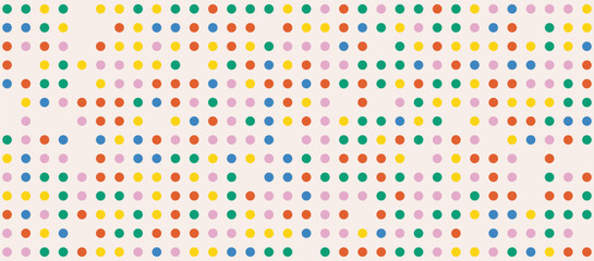 Festive abstract dotted background in rainbow colors. Cute colorful polka dots pattern. Circles confetti on beige background. Retro horizontal backdrop