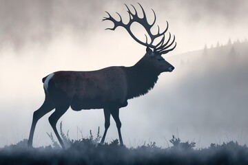 Red deer stag silhouette in the mist, hyperrealism, photorealism, photorealistic