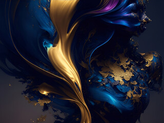 Elegant Gold and Royal Blue abstract background, 3D Textured, With Abstract Woman Illustrated, Generative AI