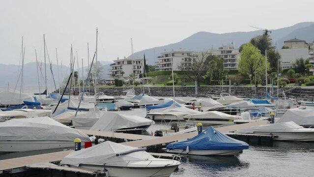 Yacht Marina of Brissago City with Sailboats on Lago Maggiore, Tessin, Switzerland