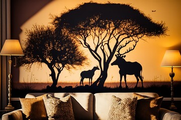 Fototapeta na wymiar Savanna animals on a background of a sunset sun. Silhouettes of wild animals of the African savannah. African landscape with animals and trees at sunset, hyperrealism, photorealism, photorealistic