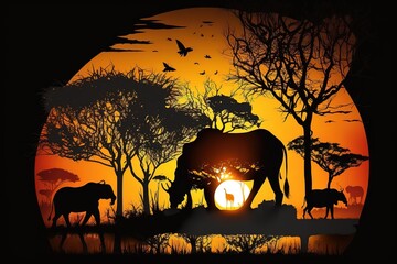 Fototapeta premium Savanna animals on a background of a sunset sun. Silhouettes of wild animals of the African savannah. African landscape with animals and trees at sunset, hyperrealism, photorealism, photorealistic