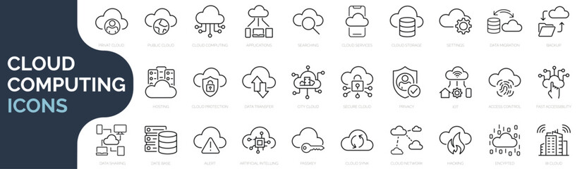 Set of line icons related to cloud computing, cloud services, server, cyber security, digital transformation. Outline icon collection. Editable stroke. Vector illustration - obrazy, fototapety, plakaty