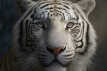 Naklejka premium White bengal tiger closeup head, closeup head of white bengal tiger, hyperrealism, photorealism, photorealistic
