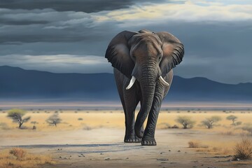 A lone elephant standing in the distance, Kenya, hyperrealism, photorealism, photorealistic