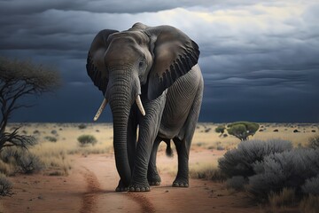 Fototapeta na wymiar A lone elephant standing in the distance, Kenya, hyperrealism, photorealism, photorealistic