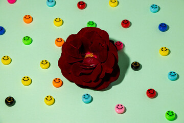 red flower head on the green background with many smiles
