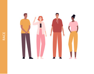 Diversity and inclusion concept. Vector flat character illustration. Multi ethnic and different skin tone group of cheerful male and female people set. Design element