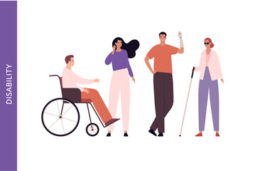 Obraz premium Diversity and inclusion concept. Vector flat character illustration set. Group of cheerful male, female people with disability. Handicap in wheelchair, dumb, prosthetic and blind person.