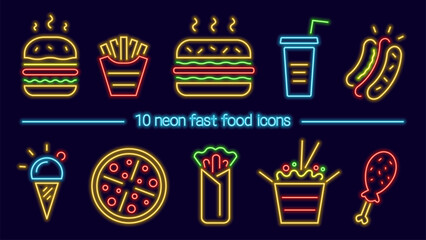 Group of neon fast food icons, colorful glowing signs of hamburgers, pizza and other fast food snacks.