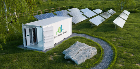 Detailed view of the battery energy storage located in an open industrial container on a lush lawn with a photovoltaic power plant in the background. 3d rendering. © malp