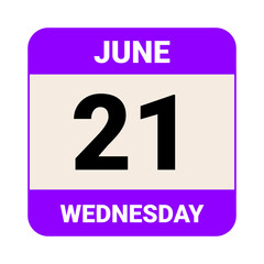 21 June, Wednesday. Date template. Useful design for calendar or event promotion. Vector illustration EPS 10 File.