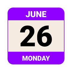 26 June, Monday. Date template. Useful design for calendar or event promotion. Vector illustration EPS 10 File.