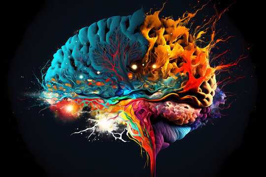 An abstract concept of a colorful brain exploding with ideas