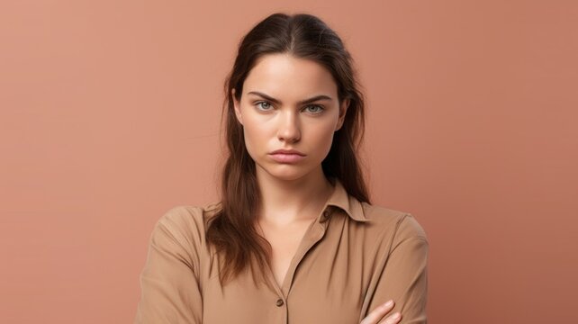 Disappointed Woman Portrait Isolated on Colorful Plain Background. Generative AI illustration.