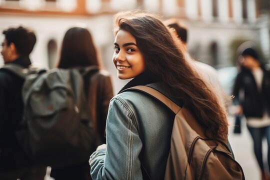 Female student going for class in high school. Generative AI