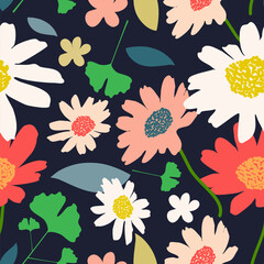 seamless colorful flowers pattern on dark blue background