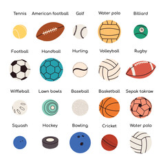 Fototapeta premium Sports balls hand drawn icon set. Sport equipment for football, basketball, hurling and cricket. Vector illustration isolated on white background.