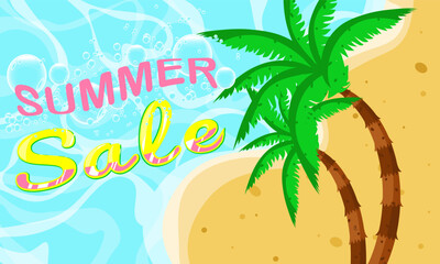 Fototapeta na wymiar Summer sale banner vector illustration/ Top of view of summer beach with palm and waves background