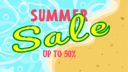 Summer sale banner vector illustration/ Top of view of summer beach with palm and waves background