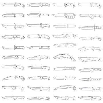 Doodle line art illustration combat knife and dagger bundle item