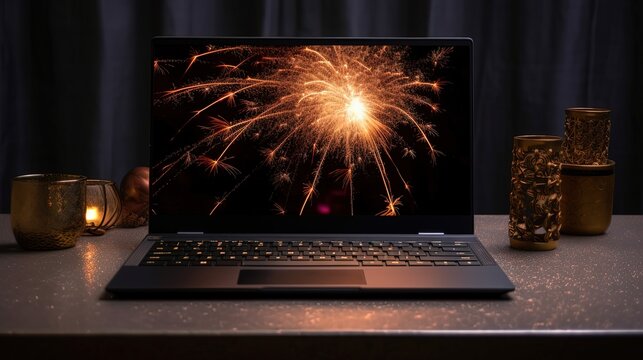 Golden Fireworks in Laptop Screen with Lighting Lamp Decorated Table for Holiday or Celebration Prefect Design Generative AI Technology.