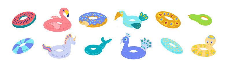 Set of inflatable swim pool floats and rings in the form of flamingos, peacock, pelican,  unicorn,  octopus, pears, watermelon and donut. Illustration in a flat cartoon style