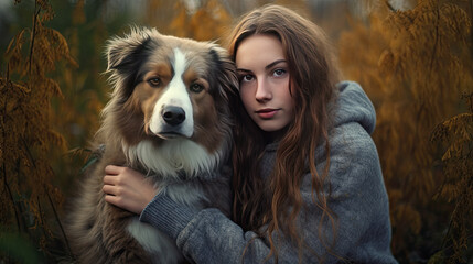 Happy young woman sitting with his dog in park outdoors Generative AI